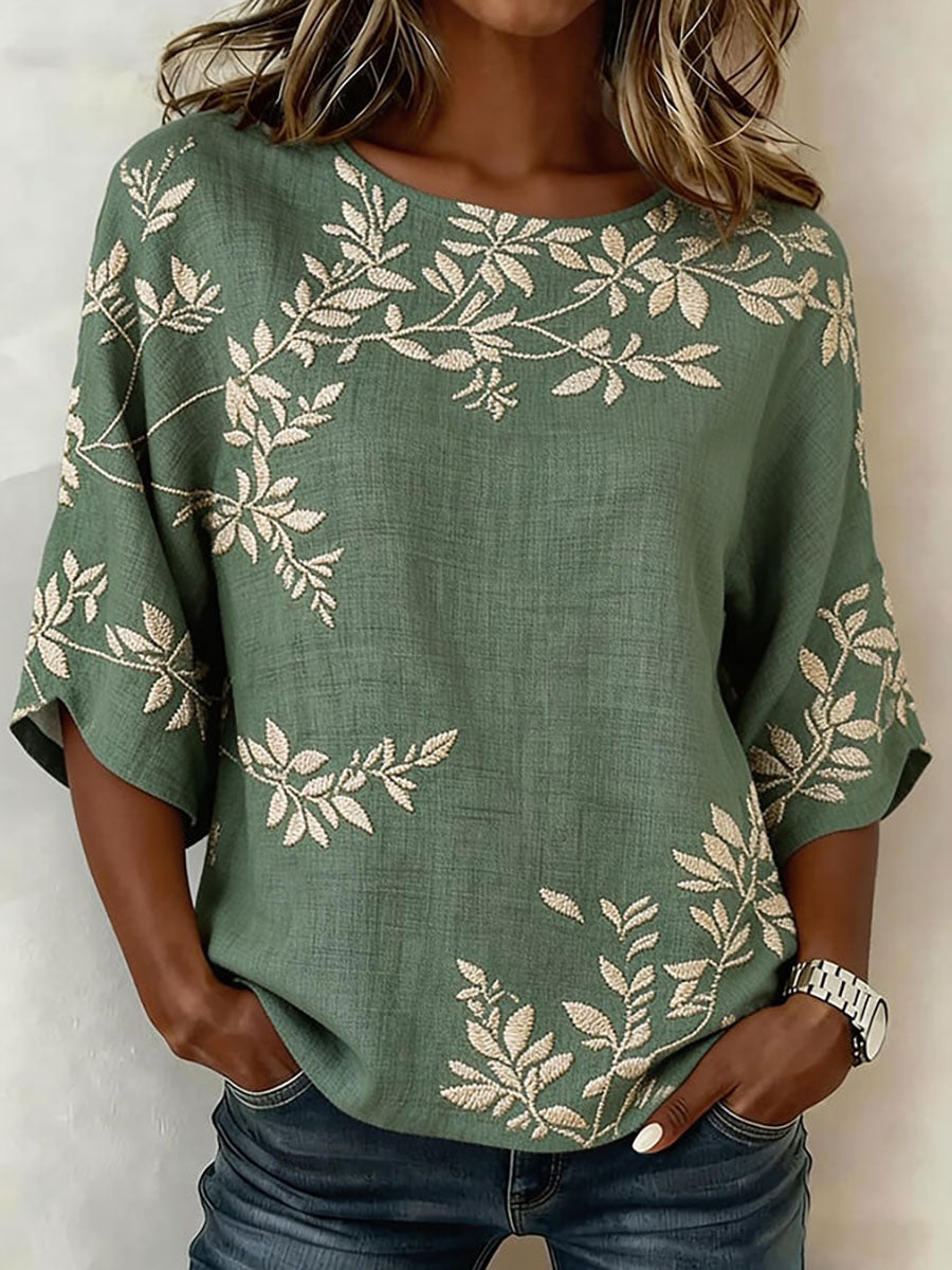 Women's Floral Cotton-Linen Casual T-Shirt