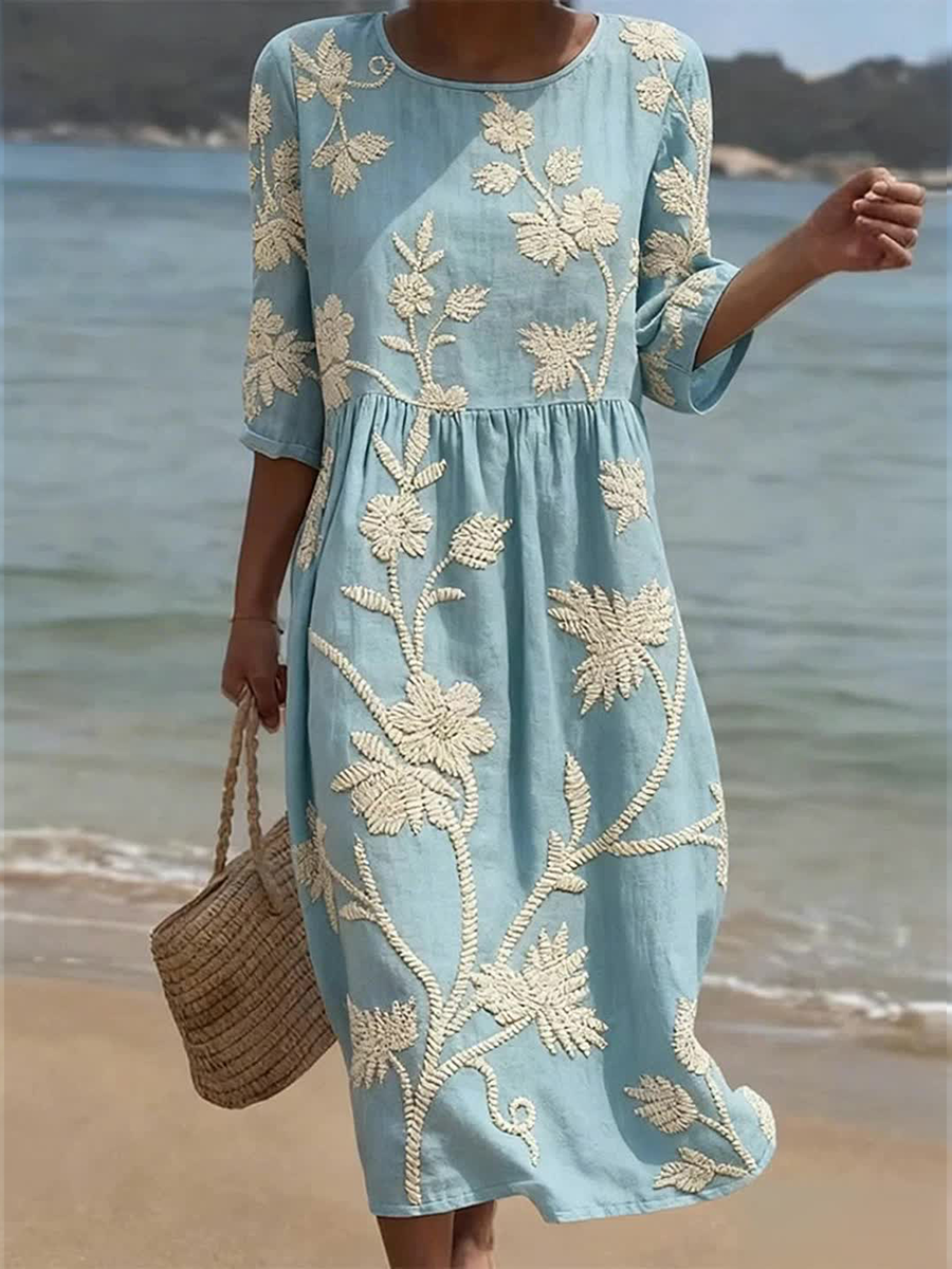 Women's Plant And Flower Print Round Neck Linen Blend Mid-Length Dress