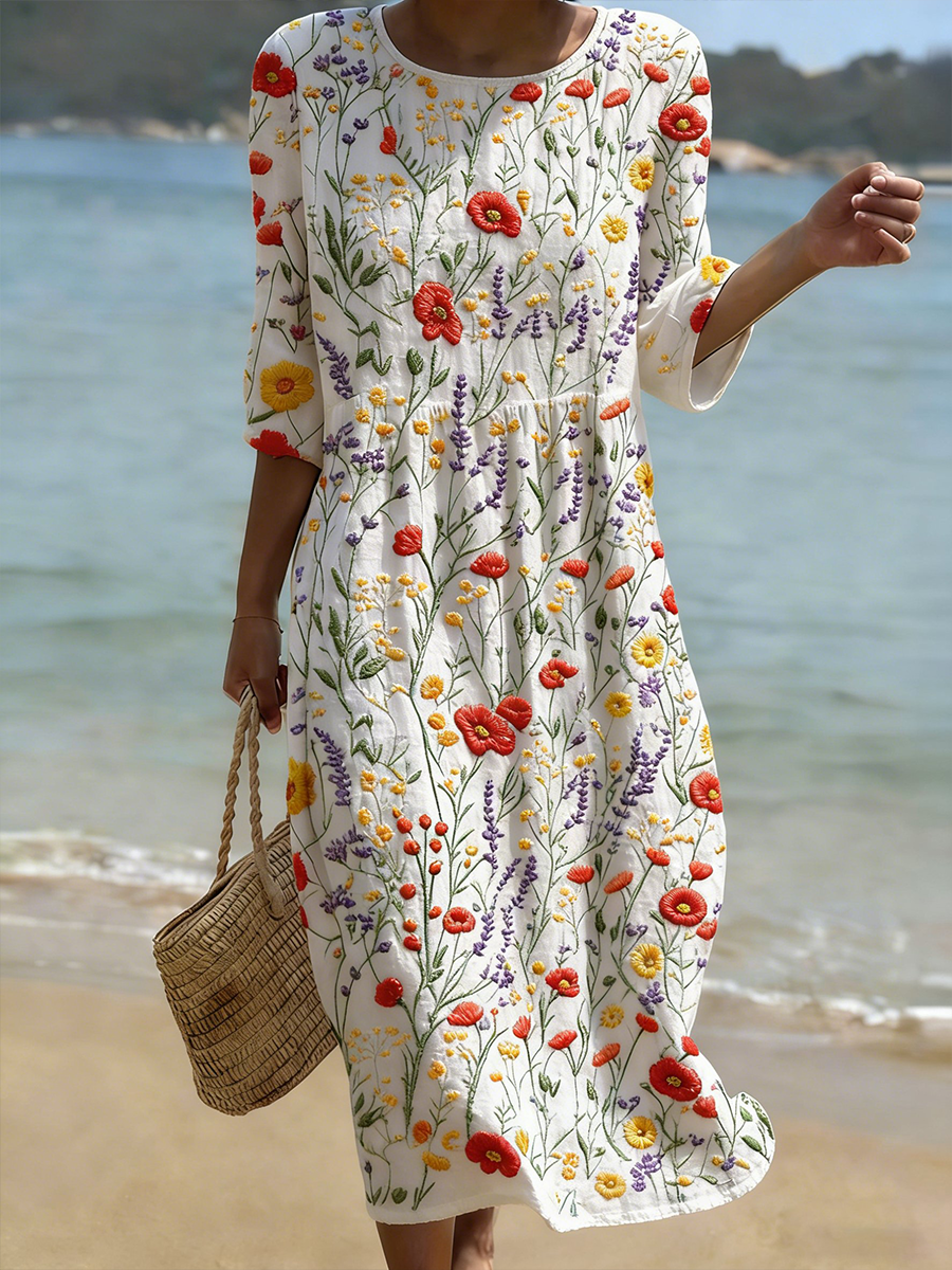 Women's Plant And Flower Print Round Neck Linen Blend Mid-Length Dress