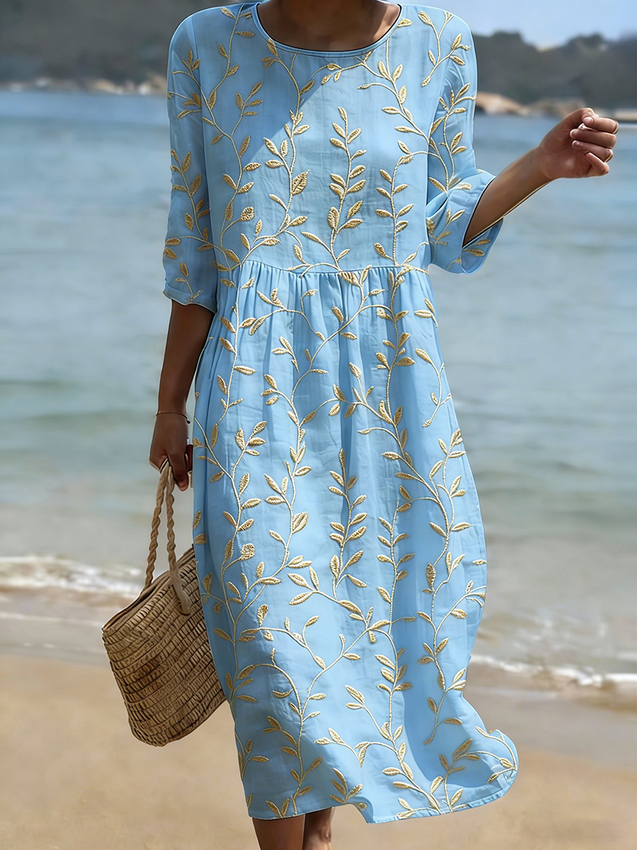 Women's Plant And Flower Print Round Neck Linen Blend Mid-Length Dress