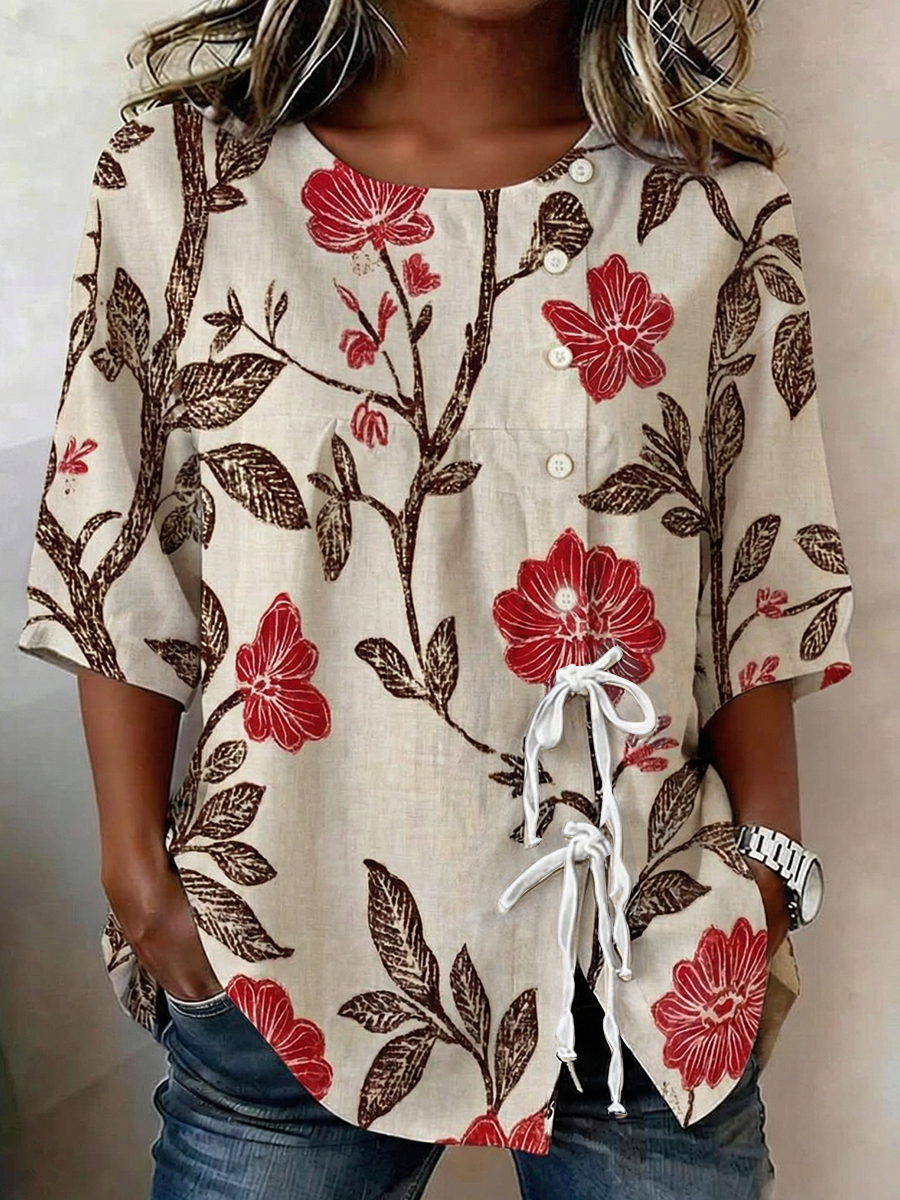 Women's Plant And Flower Buttoned And Laced Linen Blend Shirt