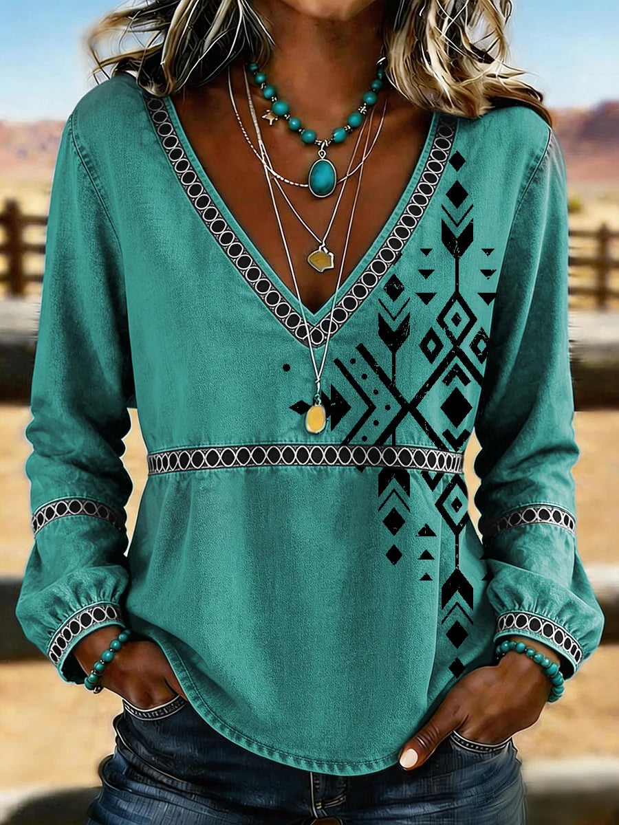 Women's Western Vintage Floral Print Casual V-Neck T-Shirt