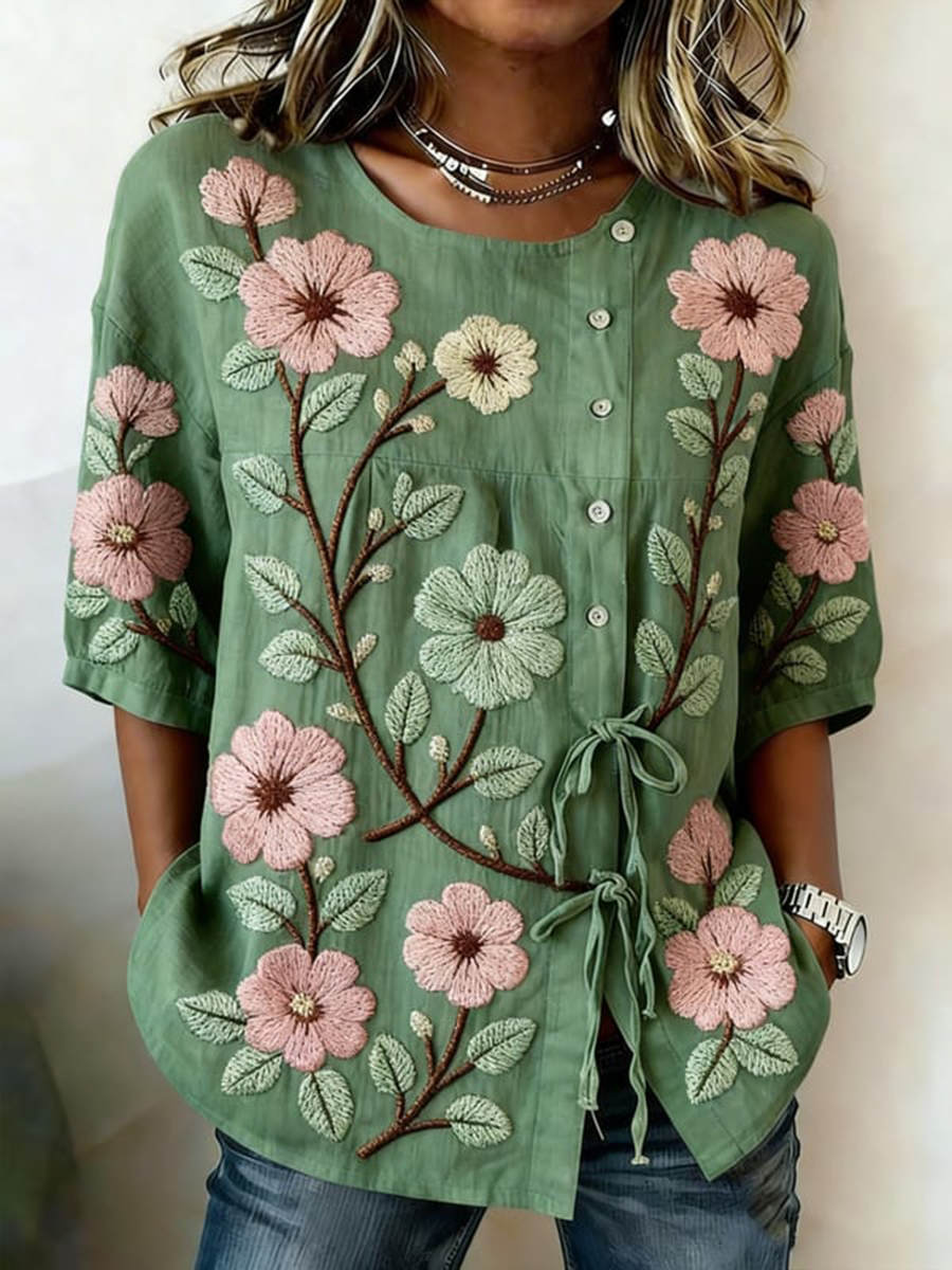 Women's Plants And Flowers Buttoned And Laced Linen Blend Shirt