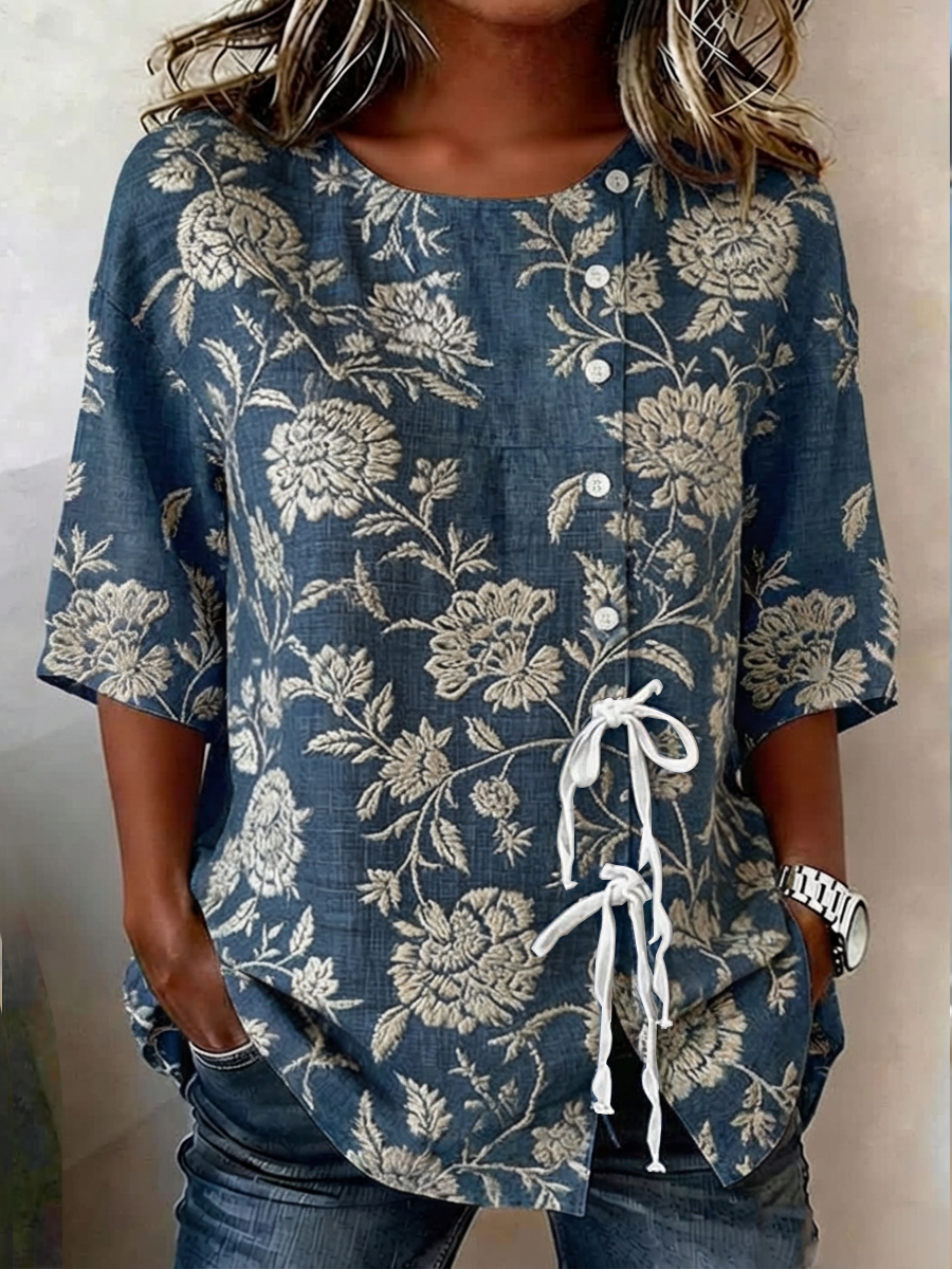 Women's Plants And Flowers Buttoned And Laced Linen Blend Shirt
