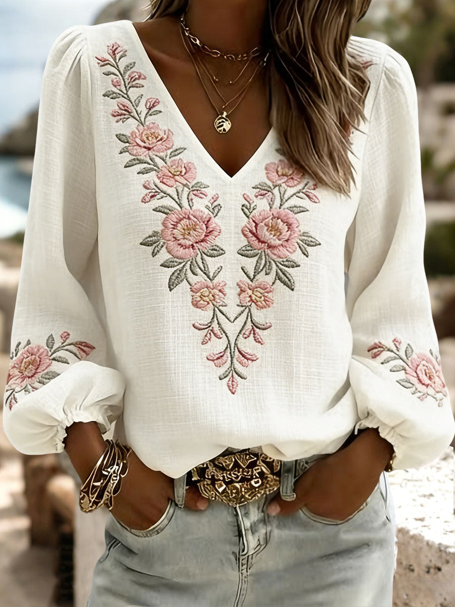 Women's Floral Print Cotton and Linen V-Neck Tops