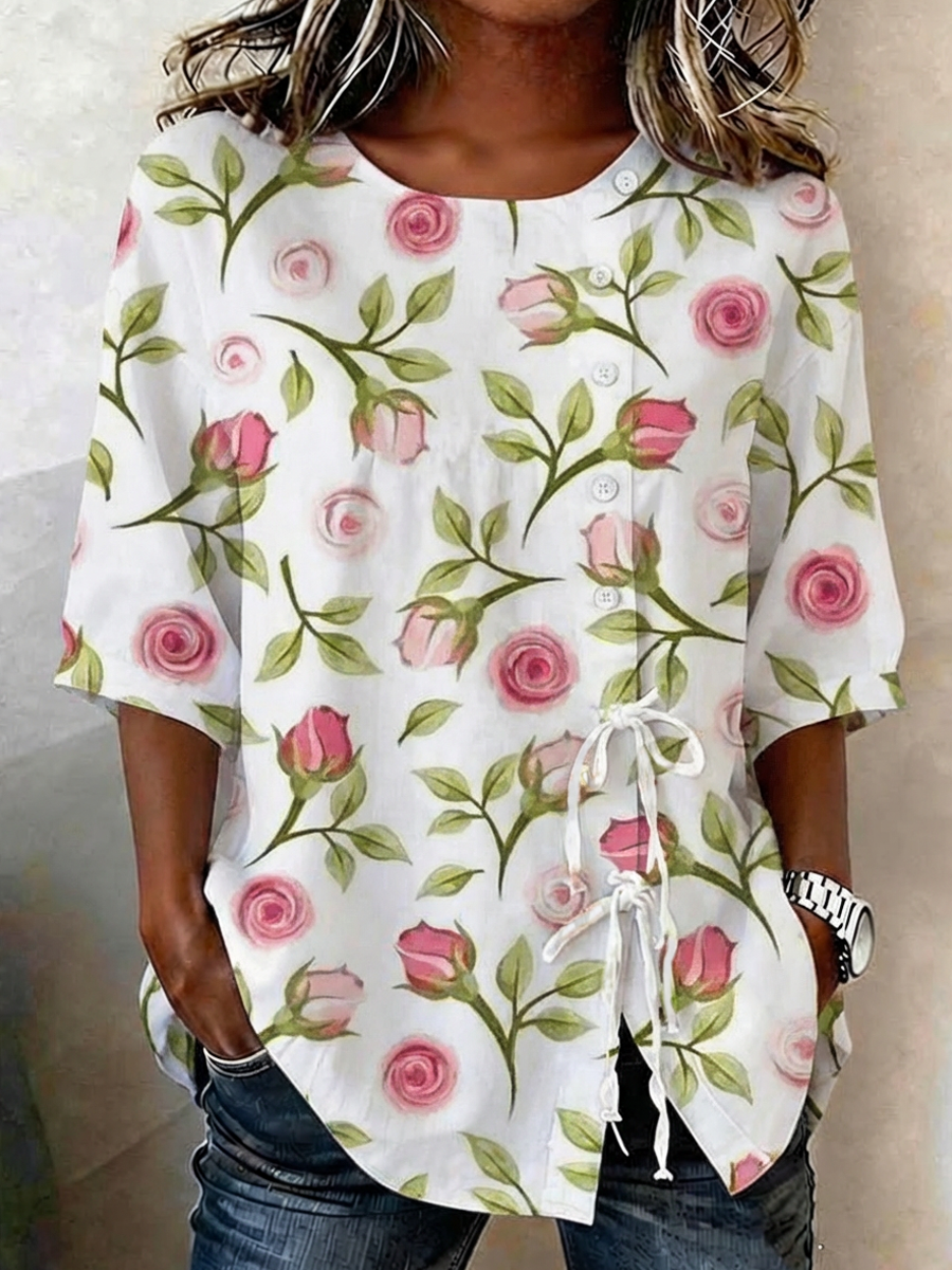 Women's Plants And Flowers Buttoned And Laced Linen Blend Shirt