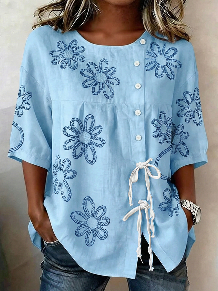Women's Plants And Flowers Buttoned And Laced Linen Blend Shirt