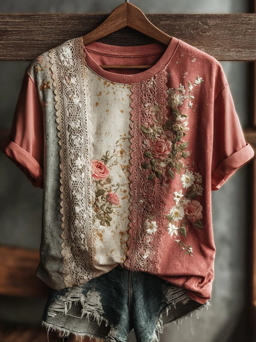 Women's Vintage Floral Art Print Casual Short Sleeve T-shirt