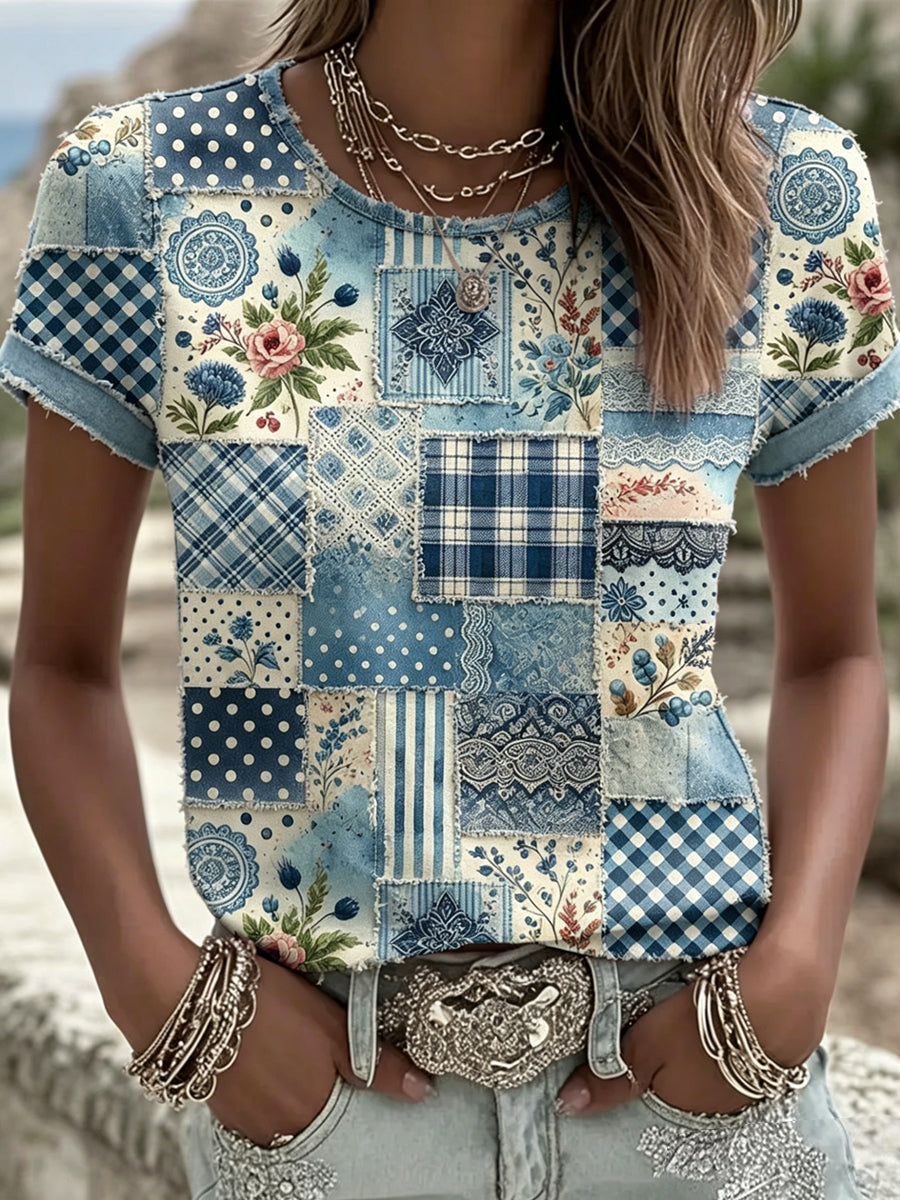 Floral Printed Vintage Fashion Loose Short Sleeve T-Shirt