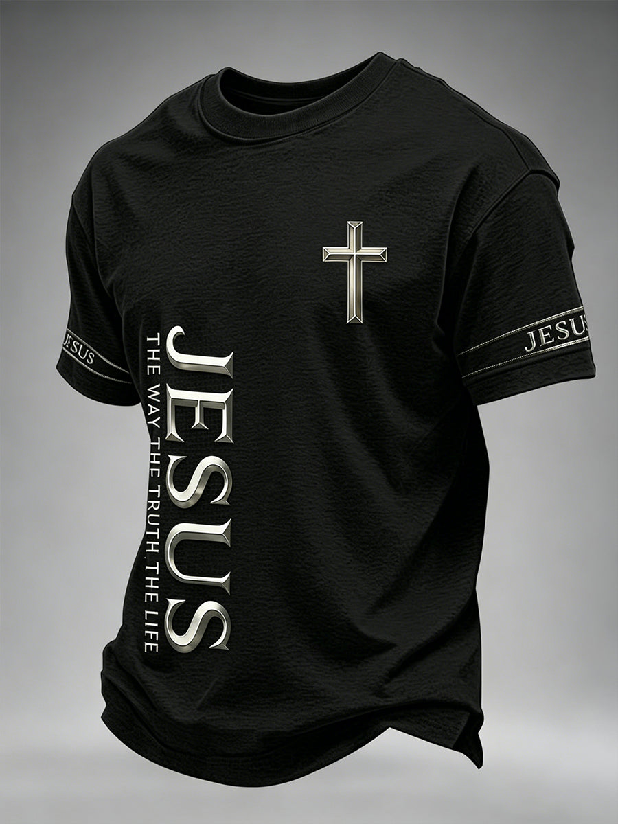 Men's Christian Jesus The Way The Truth The Life Cross Print Short Sleeve T-shirt