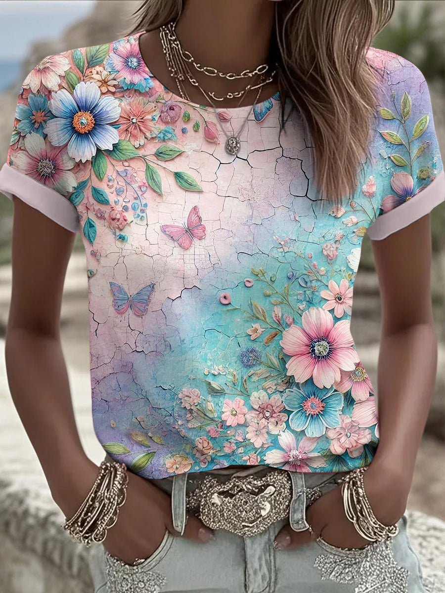 Floral Printed Vintage Fashion Loose Short Sleeve T-Shirt