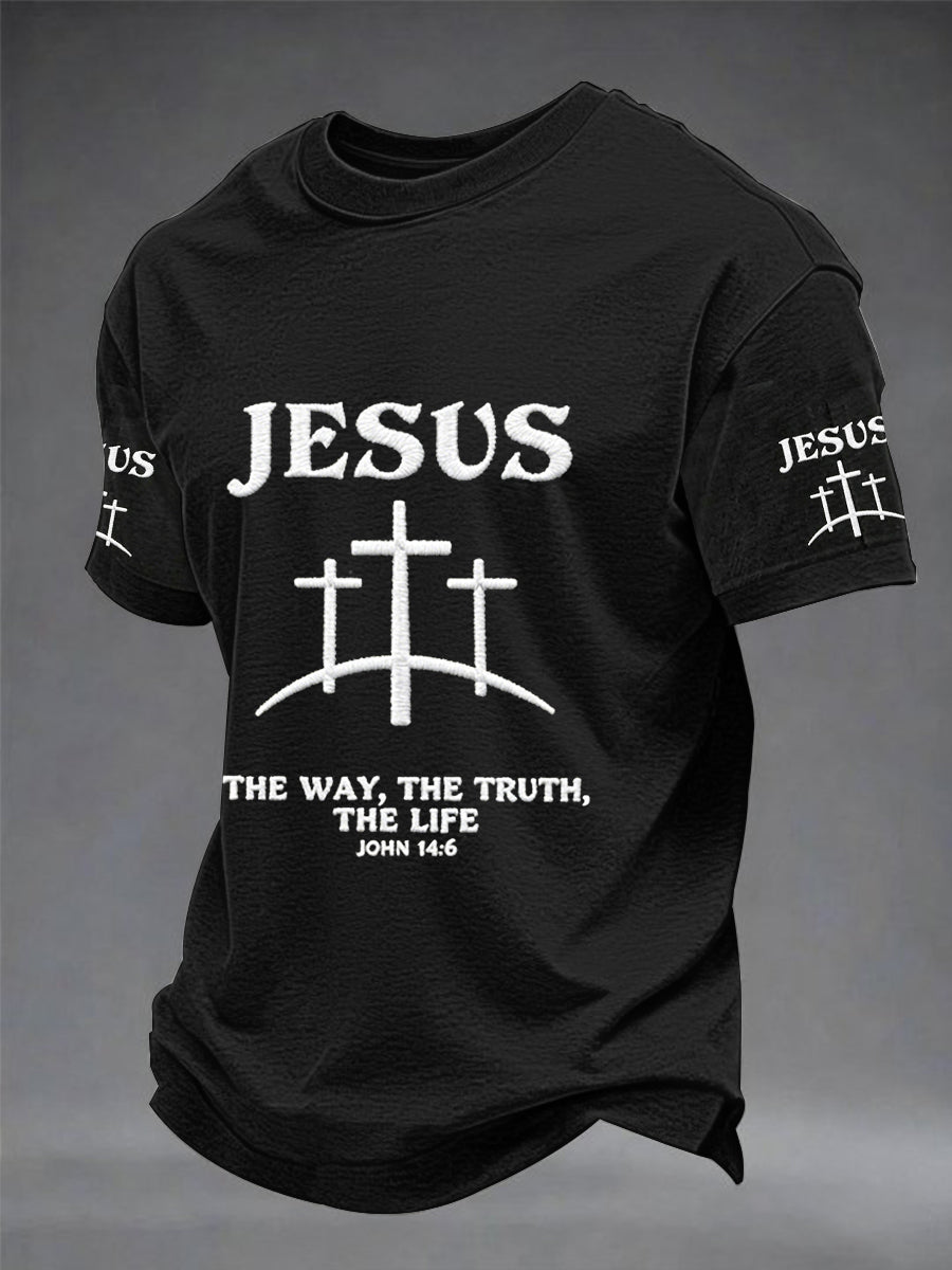 Men's Christian Jesus The Way The Truth The Life Cross Print Short Sleeve T-shirt