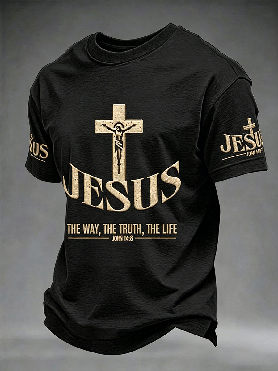Men's Christian Jesus The Way The Truth The Life Cross Print Short Sleeve T-shirt