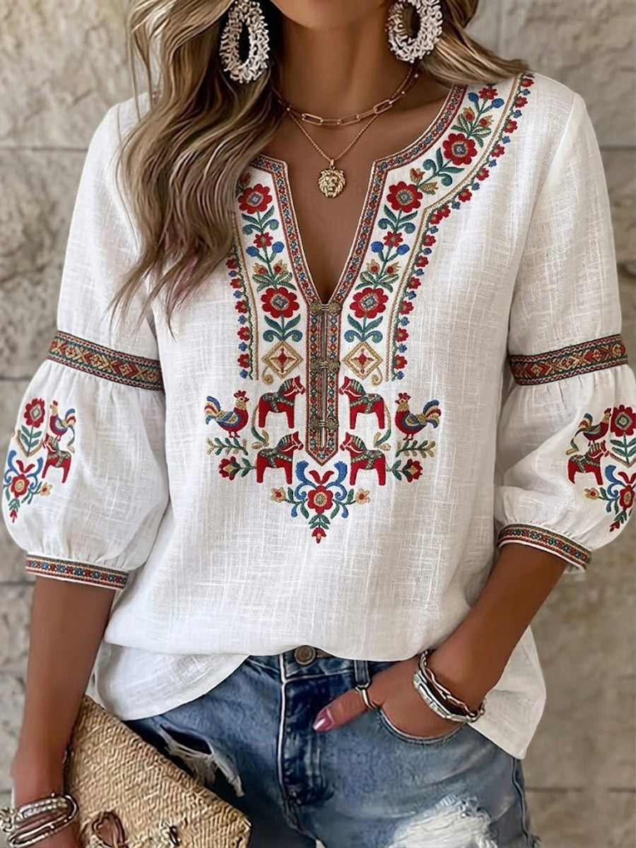 Women's Vintage-Style Swedish Midsummer-Inspired Cotton-Linen Blouse