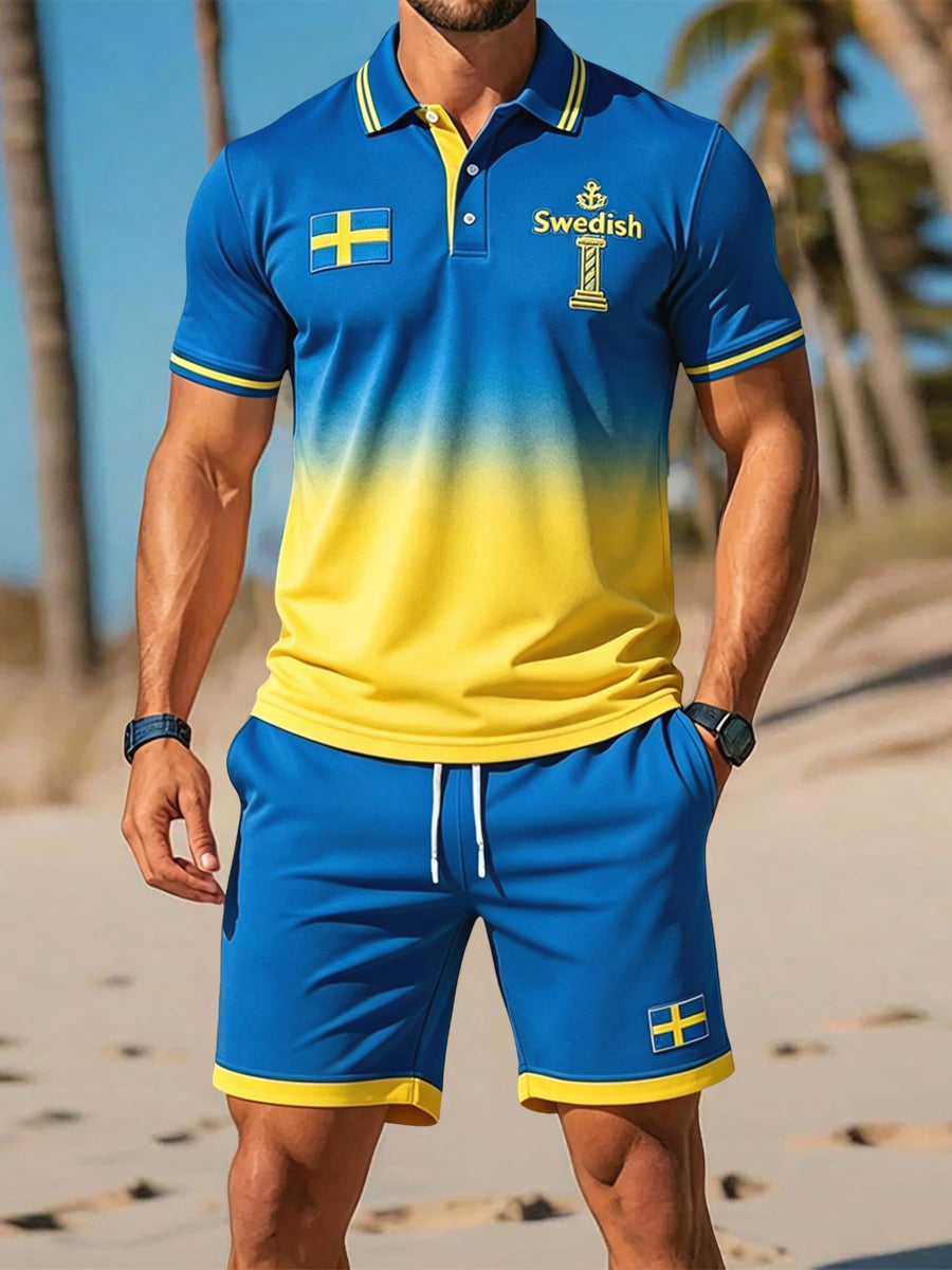 Men's Retro Swedish Midsummer Gradient Casual Polo Shorts Set