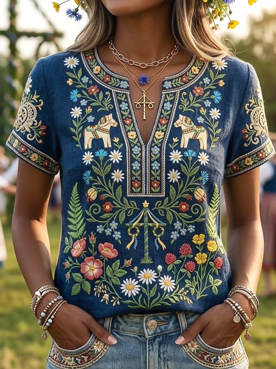 Women's Retro Swedish Midsummer Floral Art Casual V-Neck T-Shirt