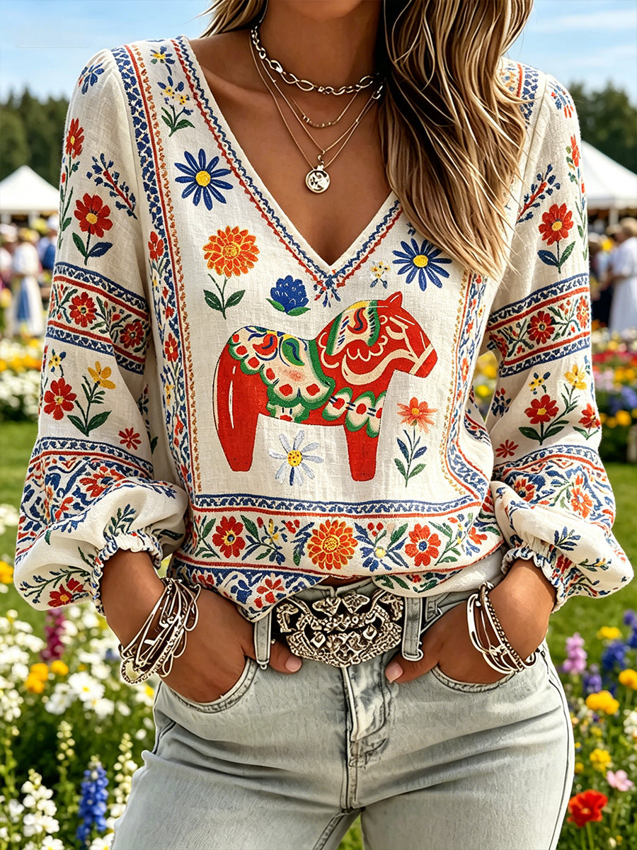 Women's Midsummer Festival Themed Ethnic Pastoral Style Printed V-Neck Puff Sleeve Top