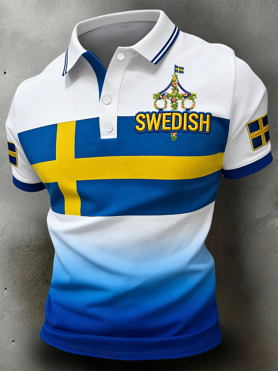 Retro Swedish Midsummer Geometric Patchwork Casual Polo Shirt