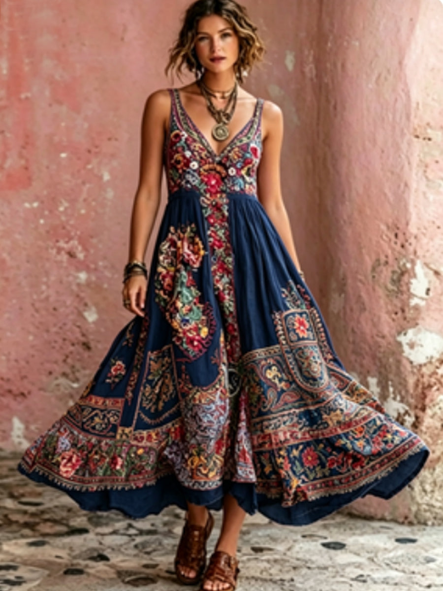 Women's Bohemian Floral Embroidery Art V-Neck Short Sleeve Midi Dress