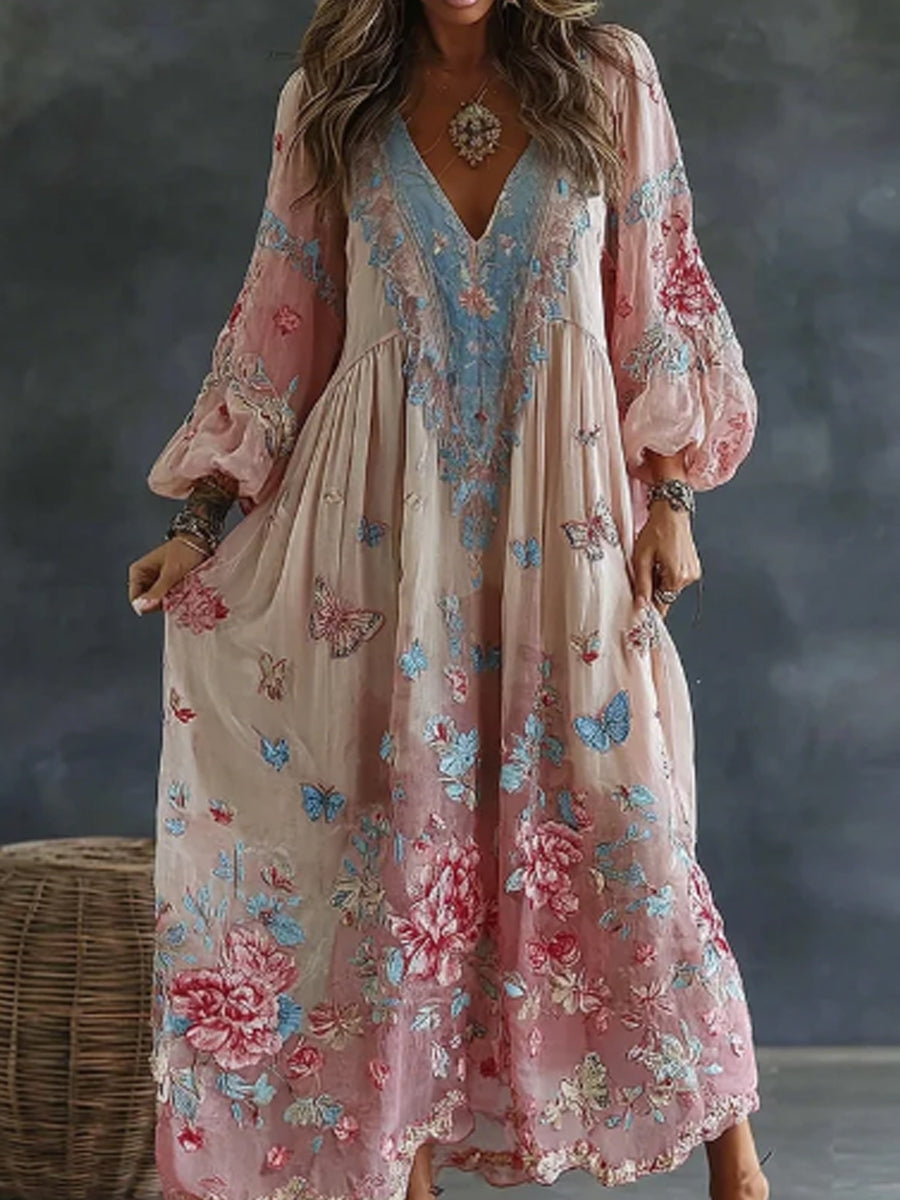 Women's Floral And Butterfly Art Print Flowy Linen Blend Casual V Neck Maxi Dress