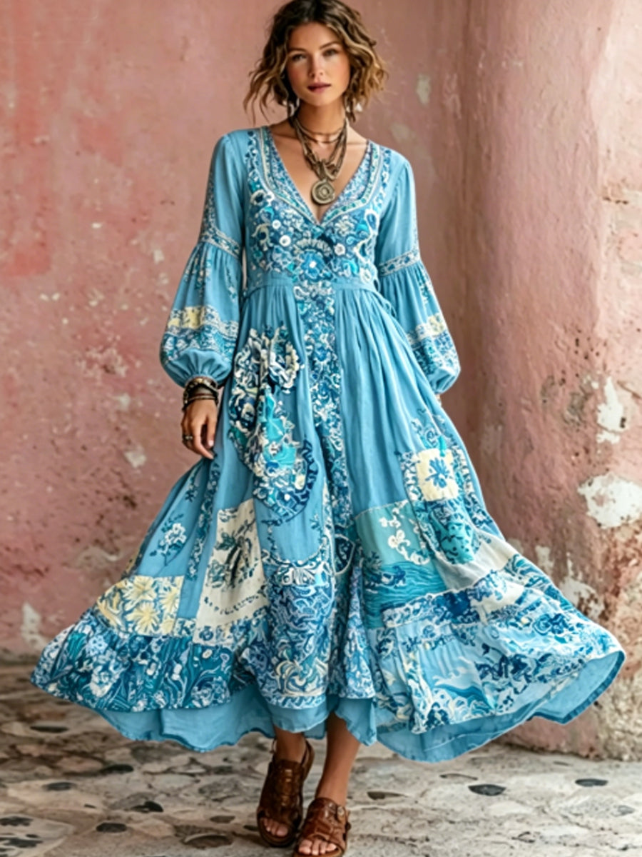Women's Bohemian Floral Embroidery Art V-Neck Short Sleeve Midi Dress