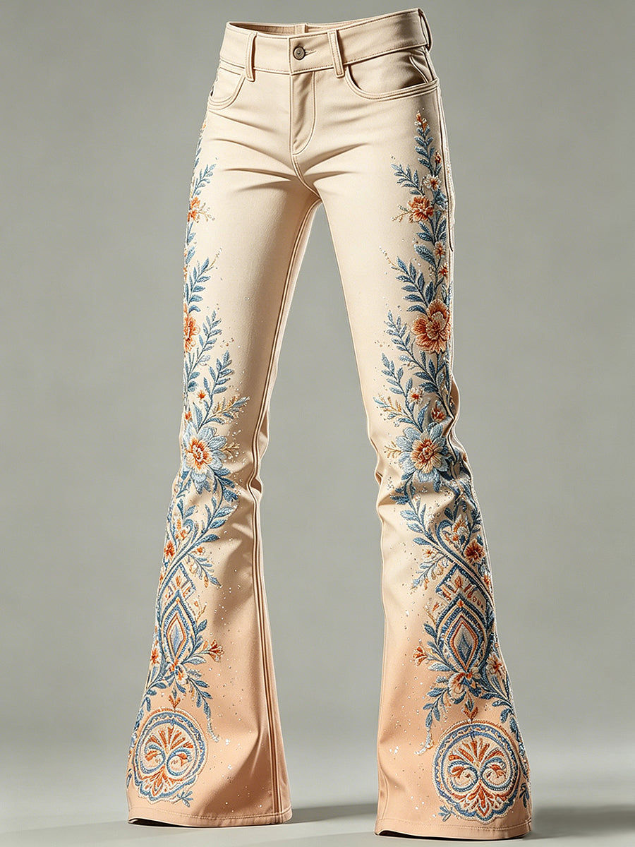 Women's Flower Art Print Flared Trousers
