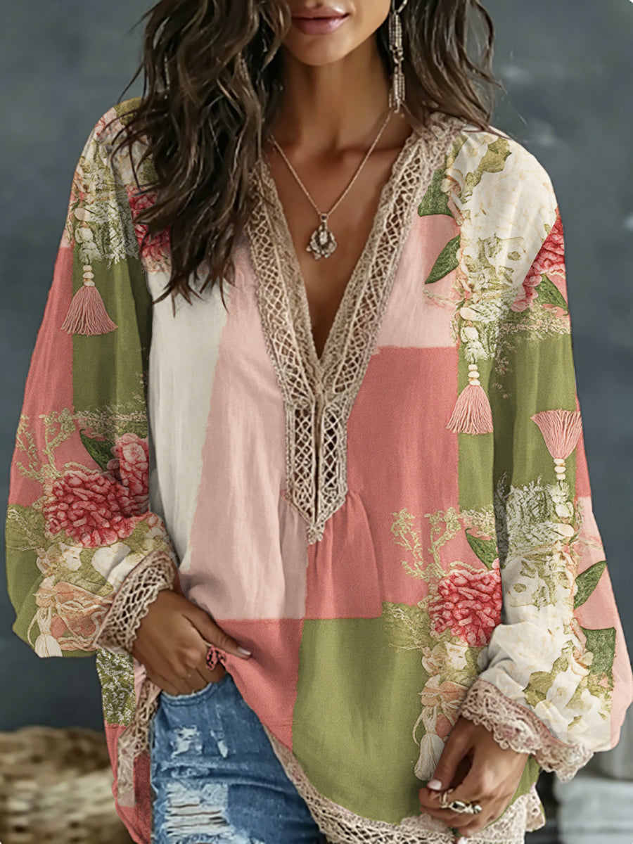 Women's Bohemian Floral Embroidery Art Contrast Color Linen Blend V-Neck Long Sleeve Shirt