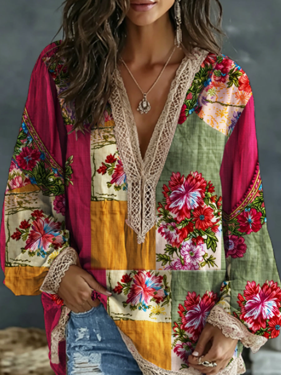 Women's Bohemian Floral Embroidery Art Contrast Color Linen Blend V-Neck Long Sleeve Shirt