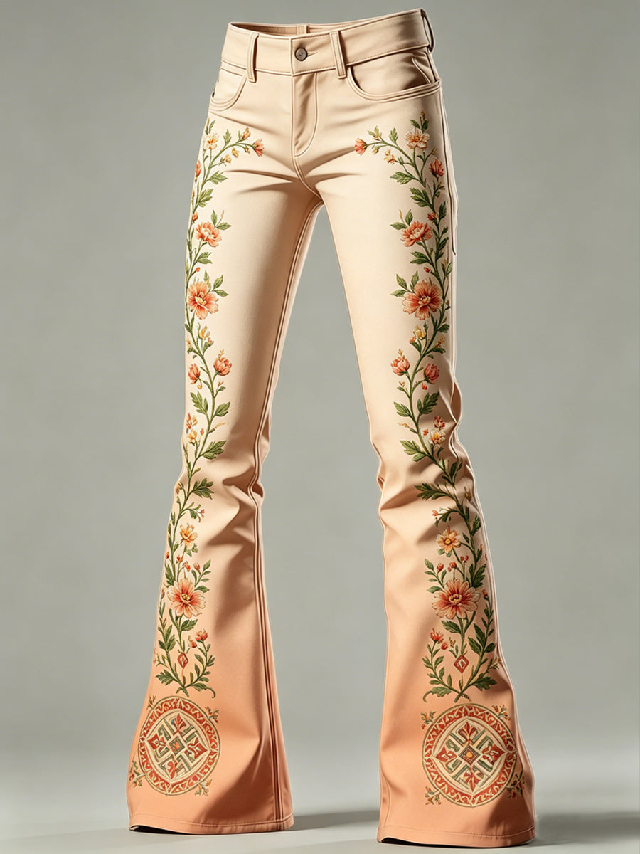 Women's Flower Art Print Flared Trousers
