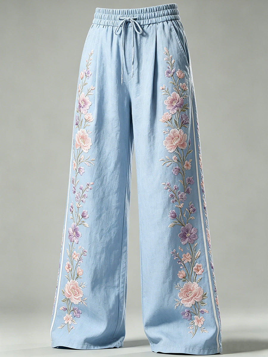Women's Flower Art Print Drawstring Trousers