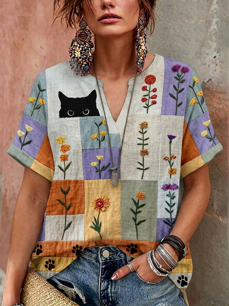 Women's Retro Floral Cat Print Casual V-Neck Shirt