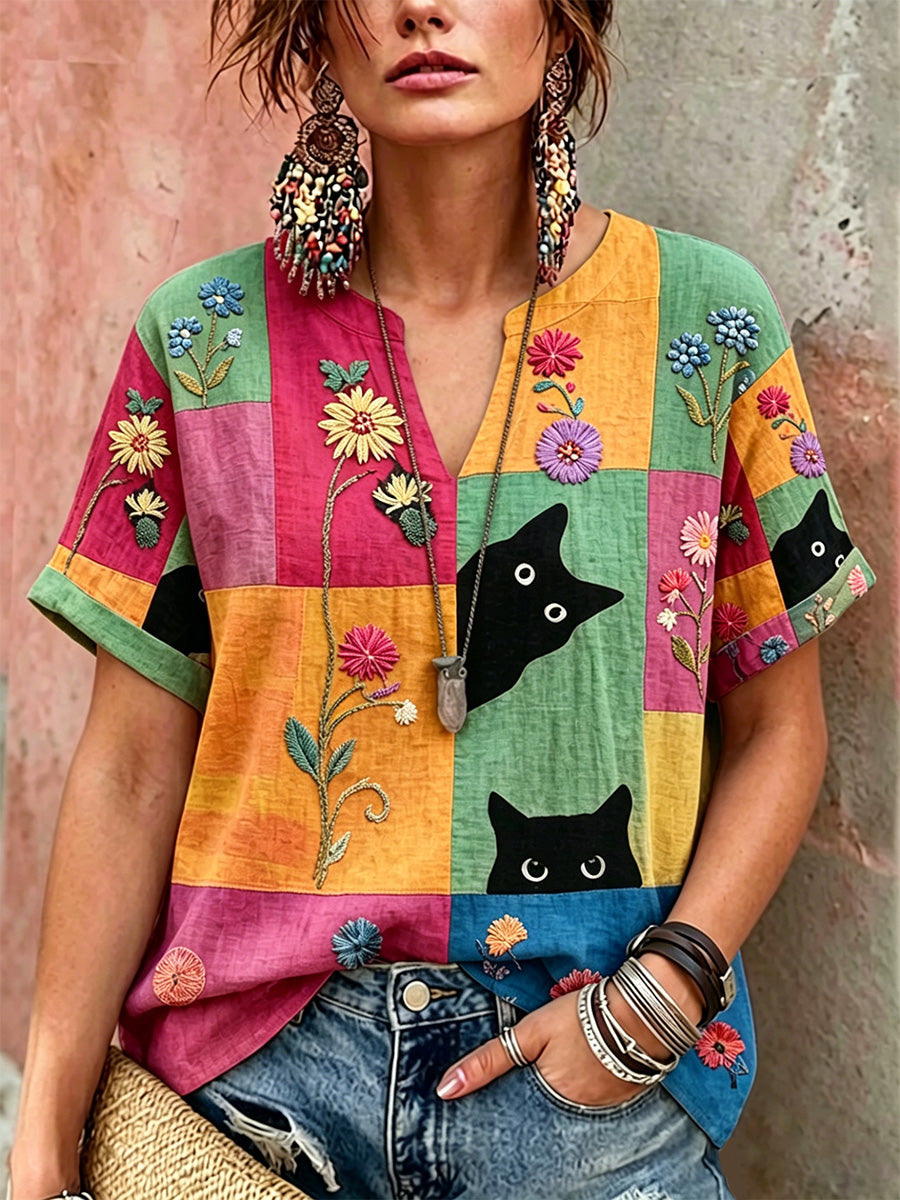 Women's Retro Floral Cats Print Casual Polo
