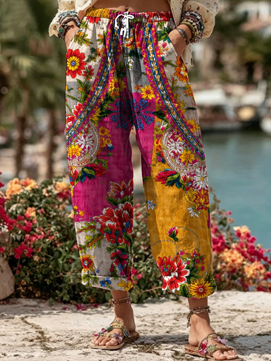Women's Bohemian Floral Embroidery Art Contrast Color Linen Blend Casual Pants