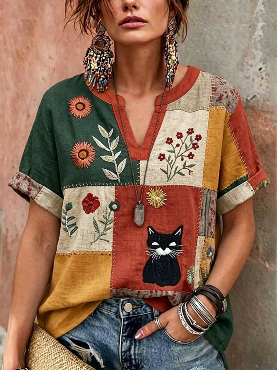 Women's Retro Floral Cat Print Casual V-Neck Shirt