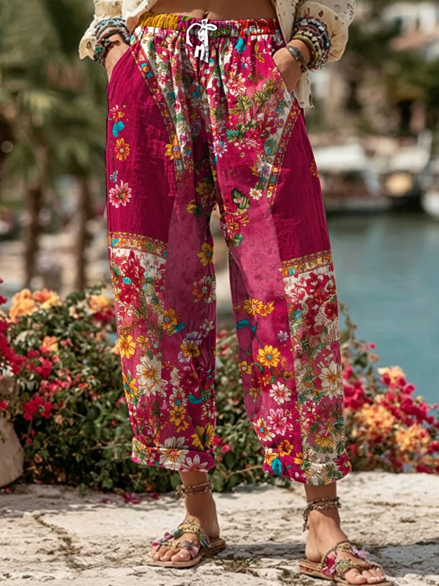 Women's Bohemian Floral Embroidery Art Contrast Color Linen Blend Casual Pants