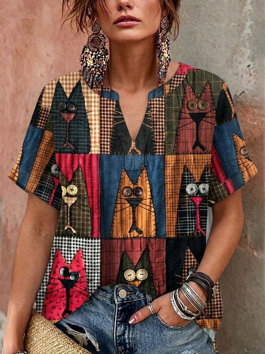 Women's Retro Cats Print Casual V-Neck Shirt