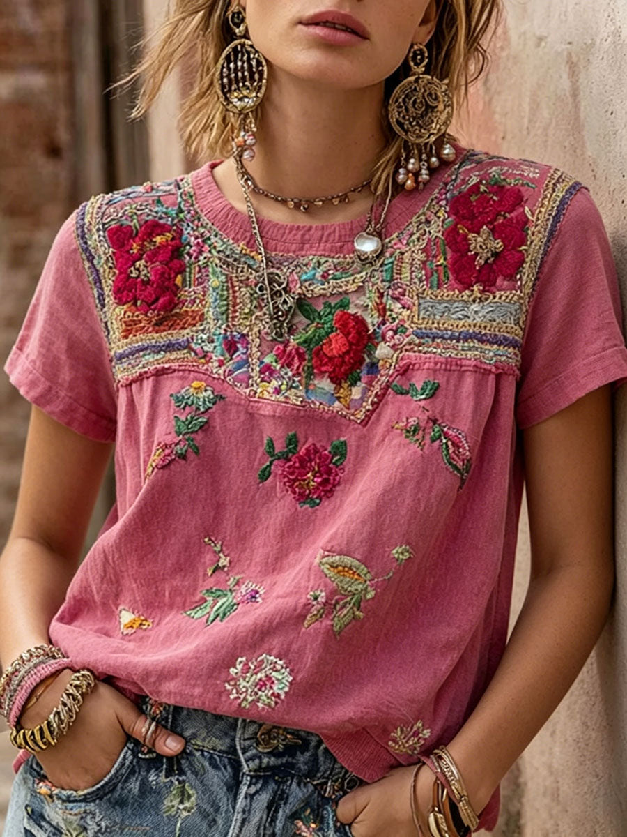 Women's Pink Floral Print Casual T-Shirt