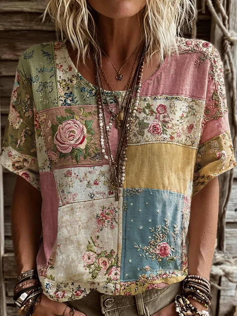 Women's Vintage Floral Art Print Casual Cotton-Linen Top
