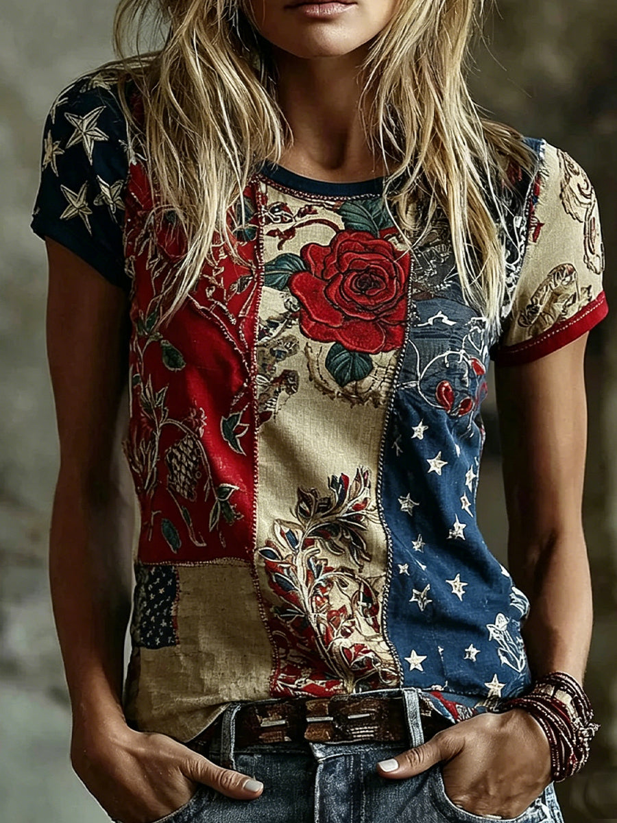 Women's Vintage Floral Art Print Casual Cotton-Linen Top