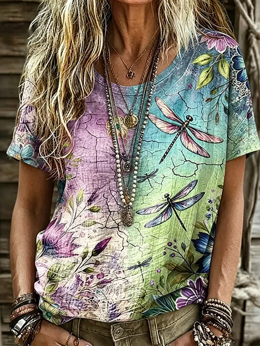 Women's Vintage Floral Art Print Casual Cotton-Linen Top
