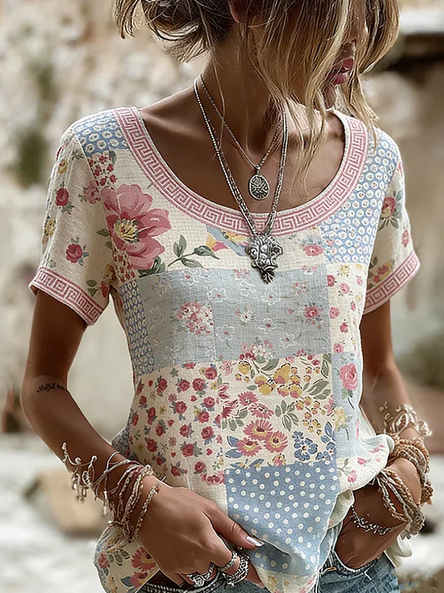 Women's Vintage Floral Art Print Casual Cotton-Linen Top