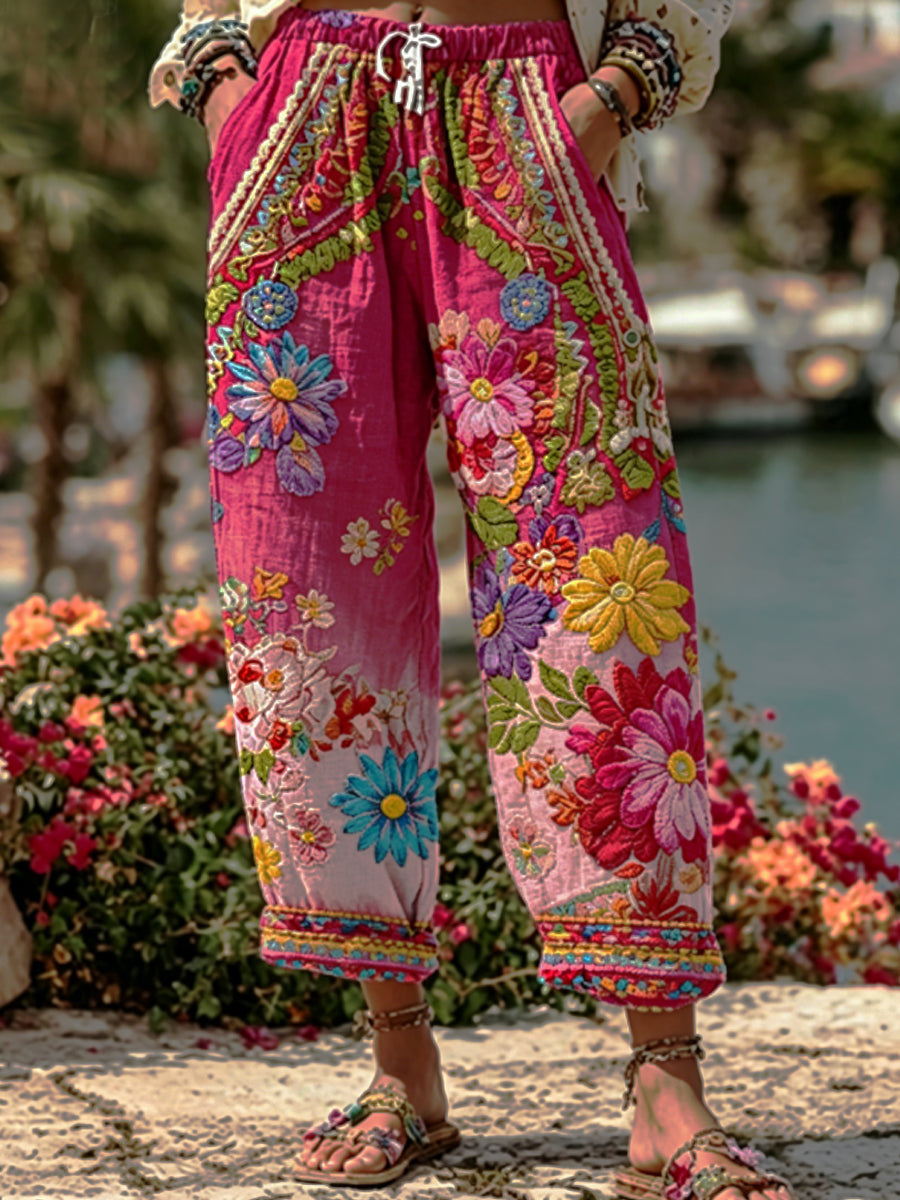 Women's Bohemian Floral Embroidery Art Contrast Color Linen Blend Casual Pants