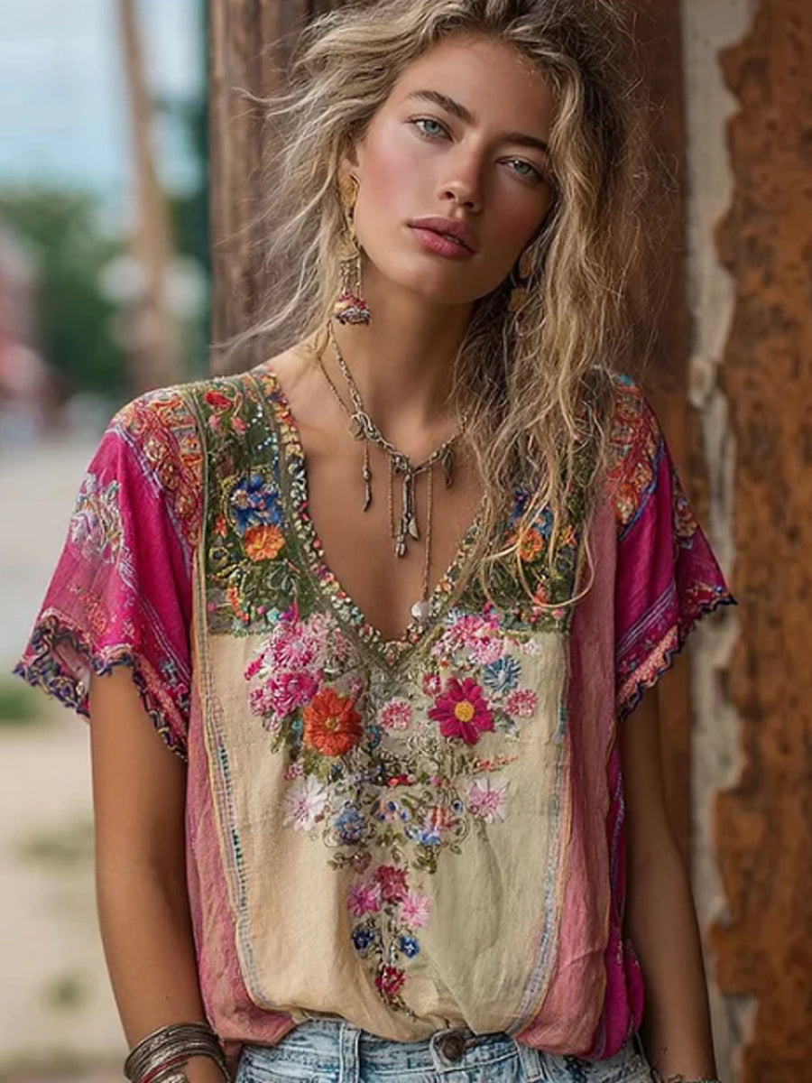 Women's Bohemian Floral Embroidery Patchwork Art V-neck Linen Blend T-shirt