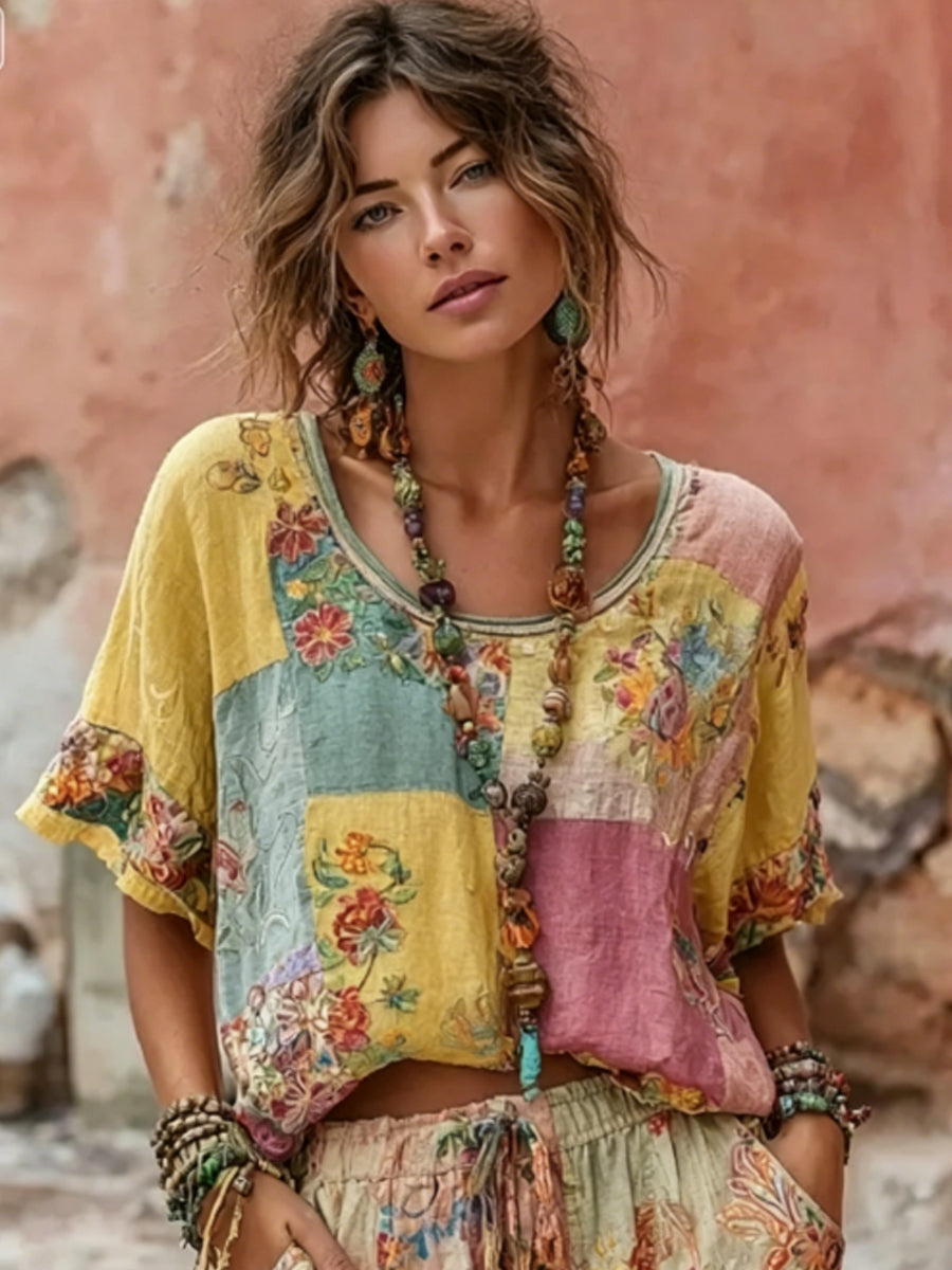 Women's Bohemian Floral Embroidery Patchwork Art Round Neck Linen Blend T-shirt