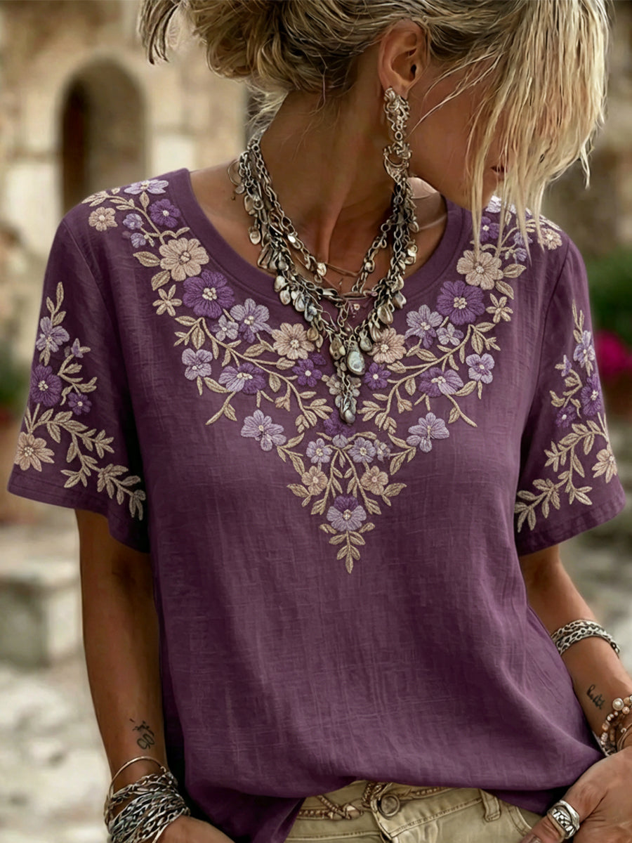 Women's Alzheimer's Awareness Floral Casual Short Sleeves Linen Shirt