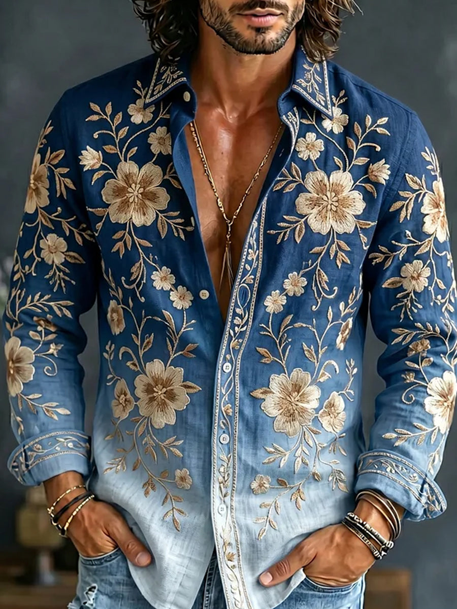 Retro Embroidered Art Print Casual Cotton-Linen Shirt