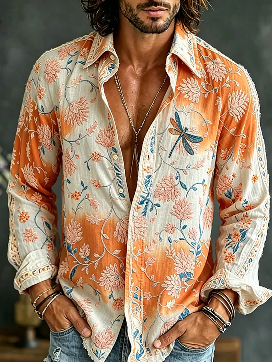 Retro Embroidered Art Print Casual Cotton-Linen Shirt