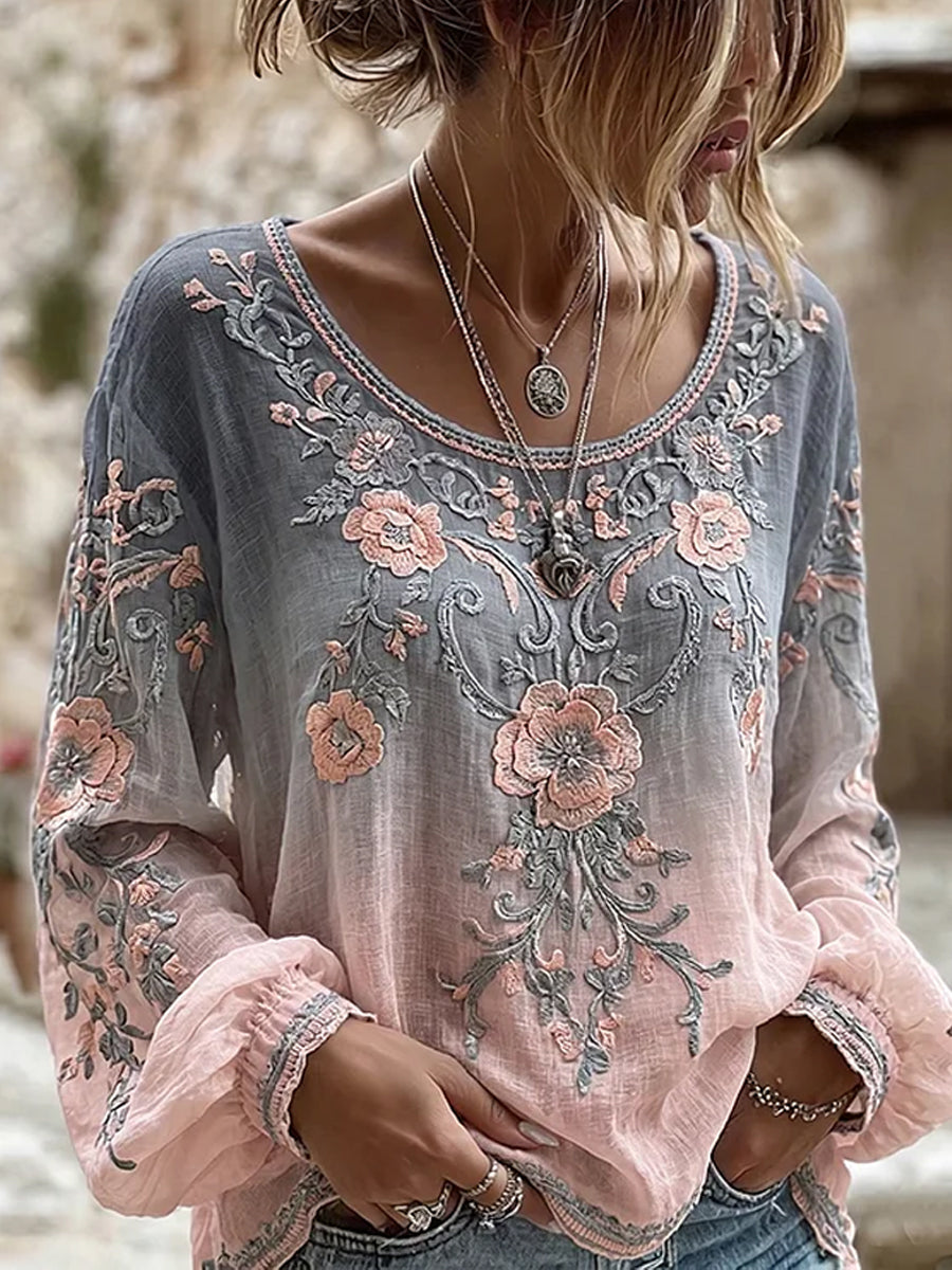 Women's Vintage Floral Art Print Casual Cotton-Linen Top