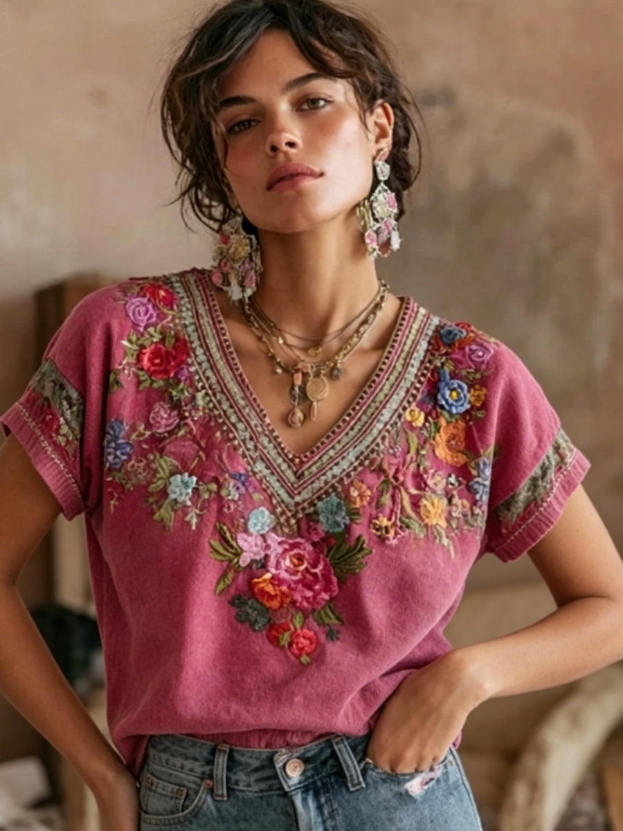 Women's Bohemian Floral Embroidery Patchwork Art V-neck Short Sleeve Linen Blend T-shirt