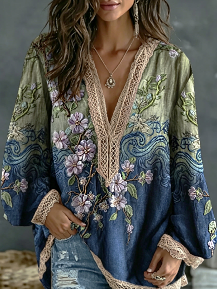Women's Classy Gradient Japanese Sakura Cherry Blossoms And Sea Wave Embroidered Pattern Linen V-Neck Long Sleeve Shirt